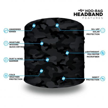 Black and Gray Camo Headband with features list
