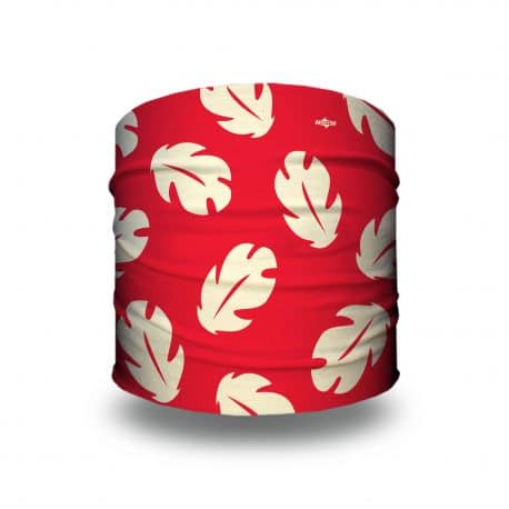image of a headband with a red background with white hawaiian leaves