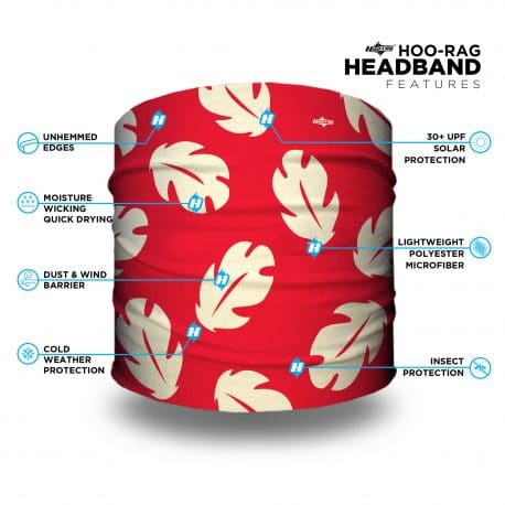 image of a headband with a red background with white hawaiian leaves and a list of product features