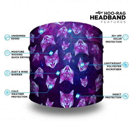 image of a headband with a purple galaxy background and kitty faces with a list of product features