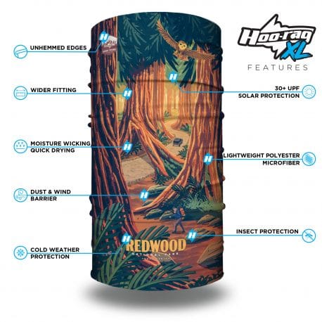 an image of redwood trees, wildlife and a hiker on an xl tubular bandana with a features list