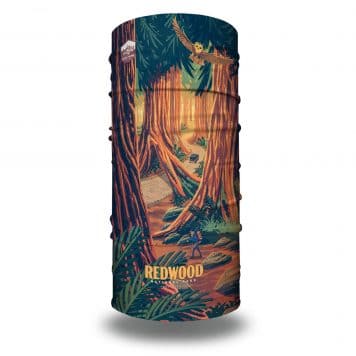 an image of redwood trees, wildlife and a hiker on a tubular bandana