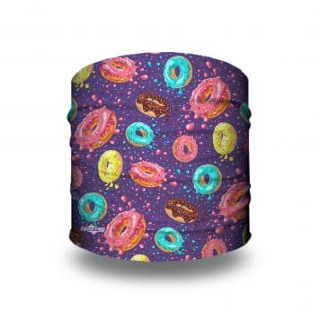 image of a tubular headband on a purple background with donuts of different colors. sprinkles and icing dot the empty spaces