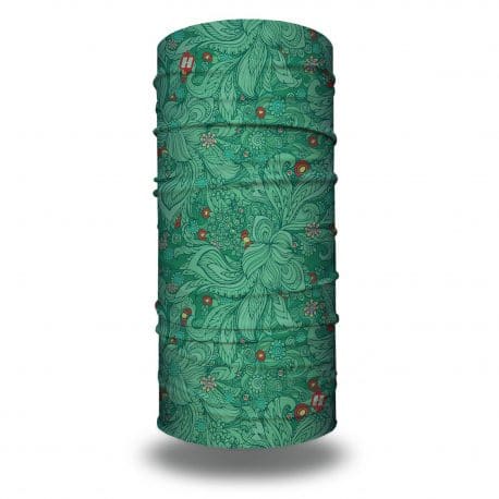 image of a tubular bandana with green floral swirls and accent colors in aquamarine and orange